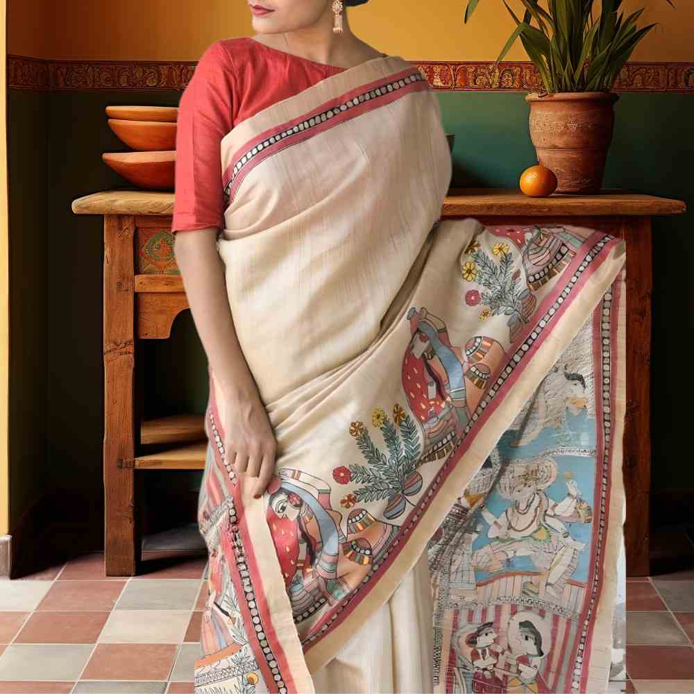 Tussar Saree with Madhubani Bride, Doli, and Kaahar Painting